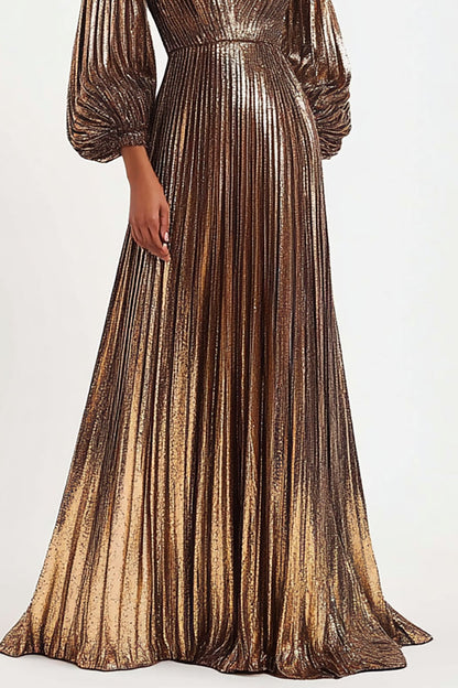Elegant Pleated Metallic Dress Deep V Neck Puff Sleeve Maxi Dress Mother of the Bride Dress
