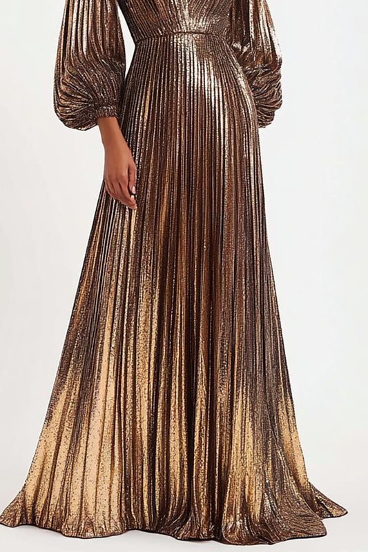Elegant Pleated Metallic Dress Deep V Neck Puff Sleeve Maxi Dress Mother of the Bride Dress