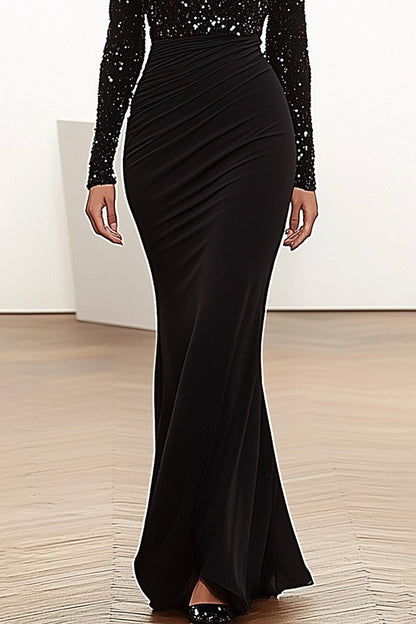 Evening Dress Black Sequin Asymmetrical Neck Long Sleeve Dress