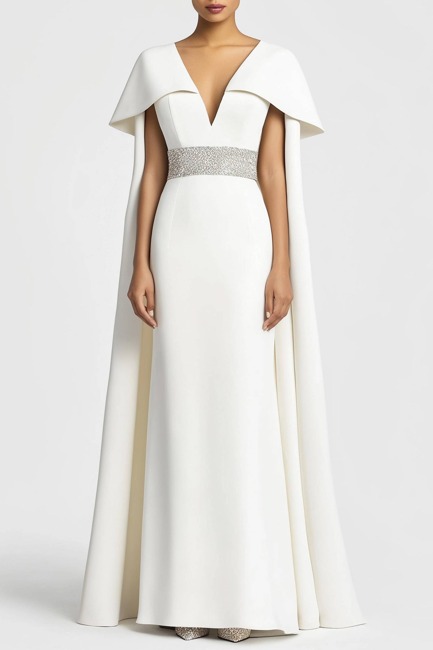 Formal Evening Dress White Deep V with Cape Rhinestone Belt Maxi Dress