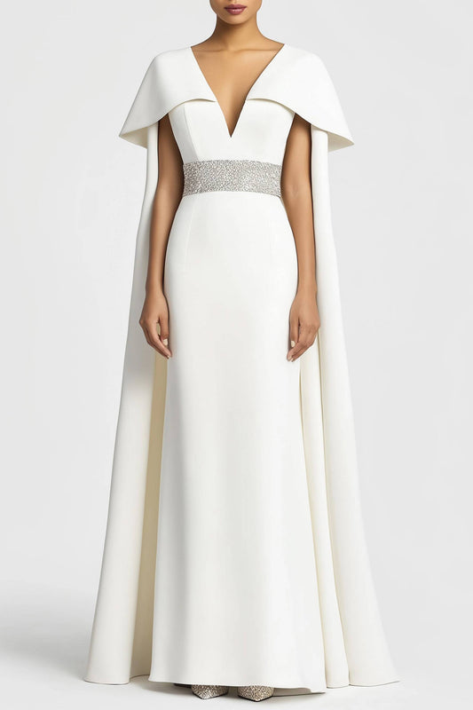 Formal Evening Dress White Deep V with Cape Rhinestone Belt Maxi Dress