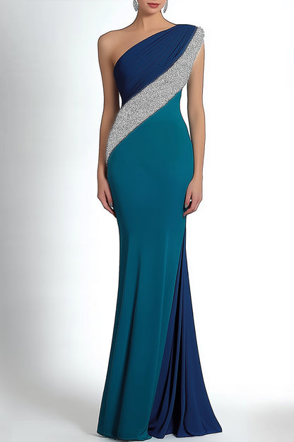Formal Dress Blue Green One-Shoulder Silver Accented Floor-Length Gown