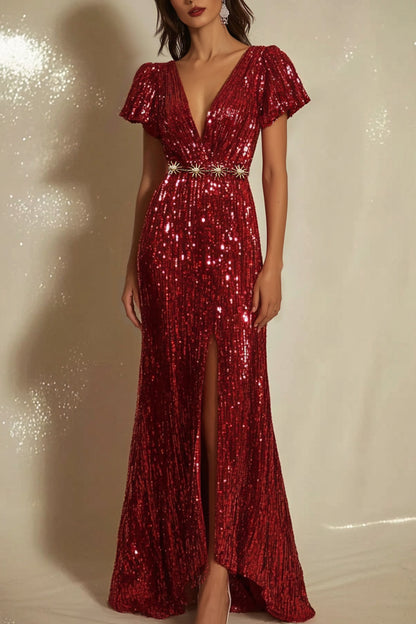 Evening Sequin Dress Red Deep V Slit Waist Chain Maxi Gown