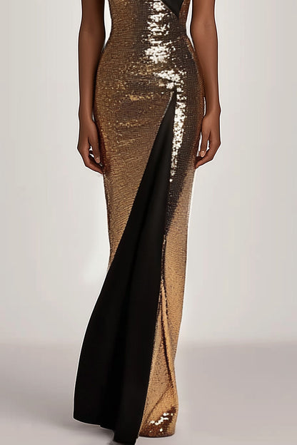 Evening Sequin Dress Black Gold Colorblock V-neck Sleeveless Maxi Gown