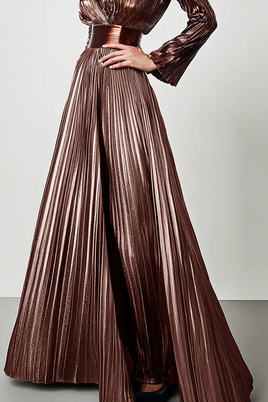 Evening Formal Dress Metallic Brown V-Neck Long Sleeve Pleated Maxi Dress