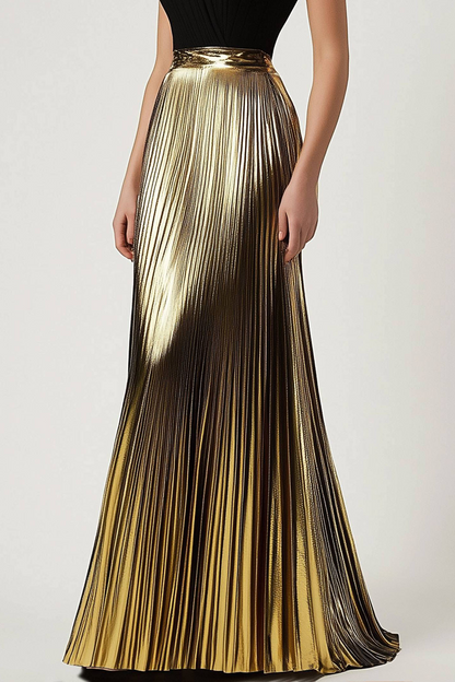 Evening Formal Dress Black-Gold V-neck Metallic Pleated Floor-Length Dress