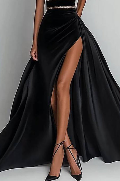 Formal Evening Satin Dress Black Strapless High Slit Floor-Length Gown