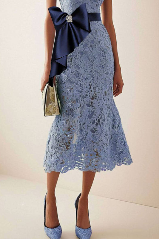 Elegant Lace Mermaid Dress Bow Midi Dress Mother of the Bride Dress