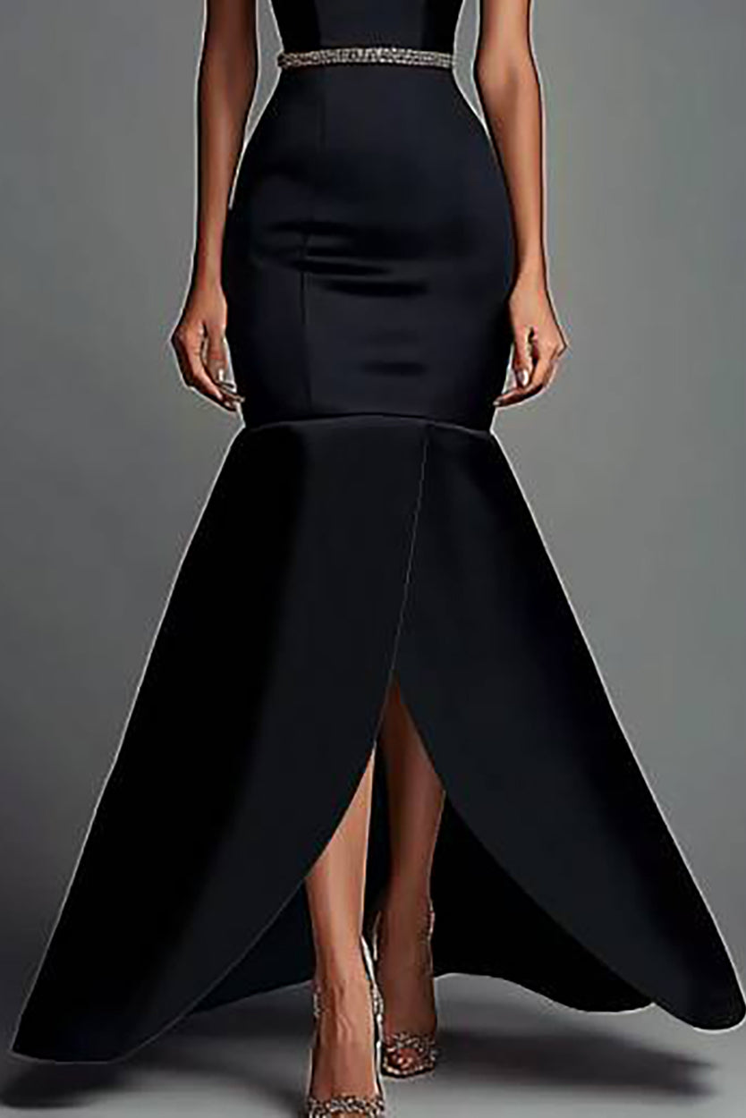 Evening Strapless Dress Black Mermaid Split Maxi Gown