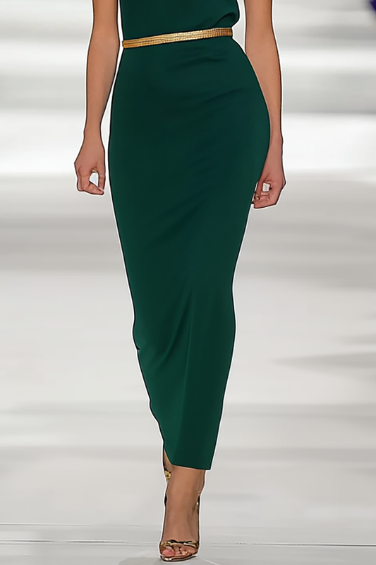 Daily Work Green Dress Gold Belt Boat Neck Midi Dress Mother of the Bride Dress