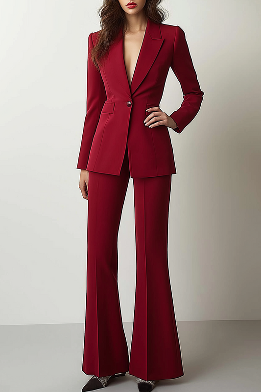 Formal Work Pants Suit Red Long Sleeve Flared Blazer Set