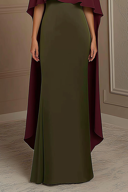 Evening Formal Dress Red Green Boat Neck Cape Floor-Length Gown