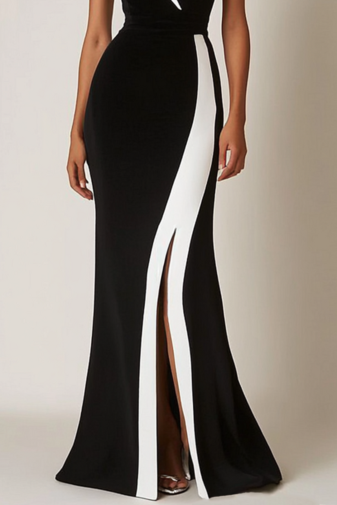 Evening Formal Dress Black White Halter V-Neck Slit Floor-Length Gown