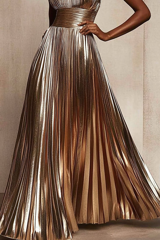 Elegant Pleated Metallic Dress Sleeveless Waisted Shiny Ball Gown Maxi Dress