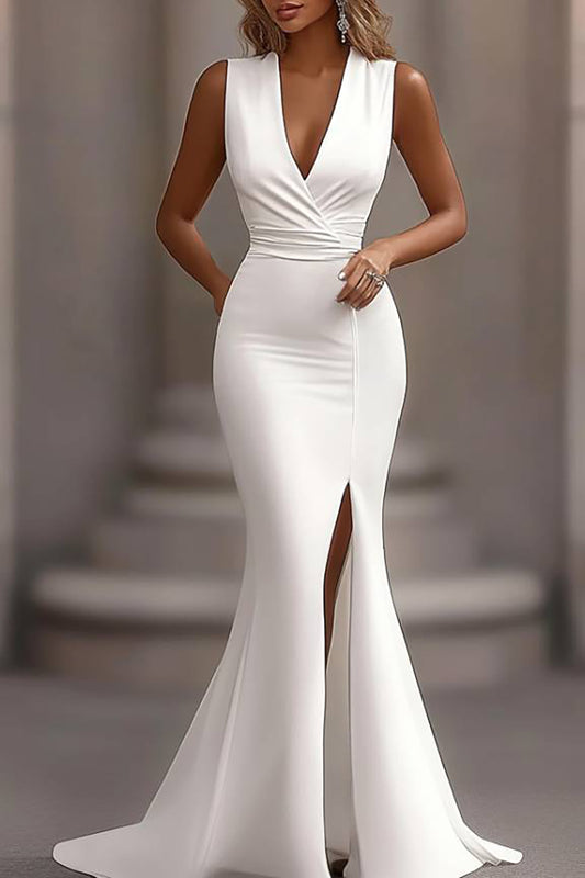 Formal Evening Dress White Sleeveless V-Neck Slit Mermaid Floor-Length Gown