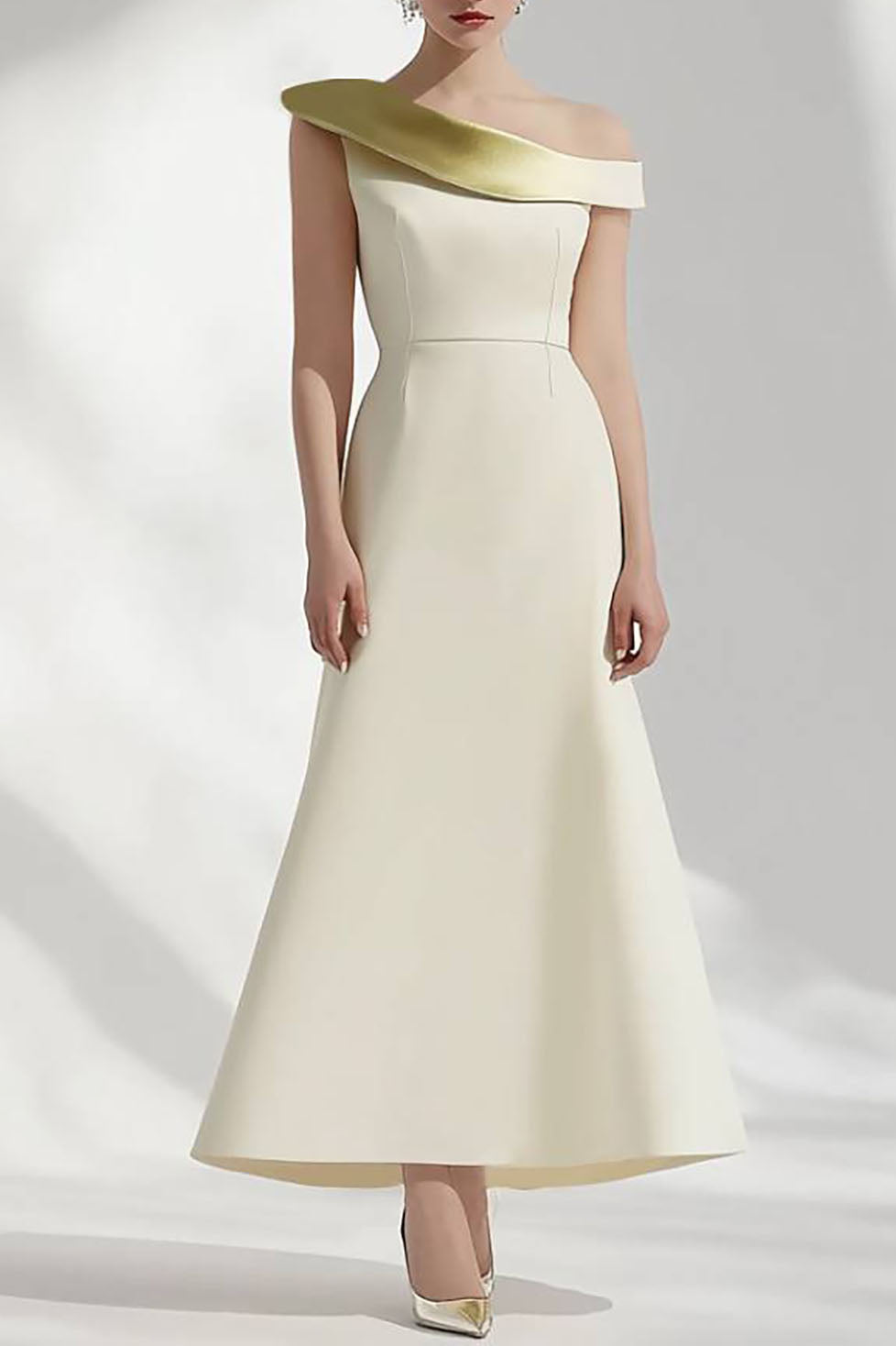 Formal Evening Dress Beige One Shoulder A-Line Maxi Gown