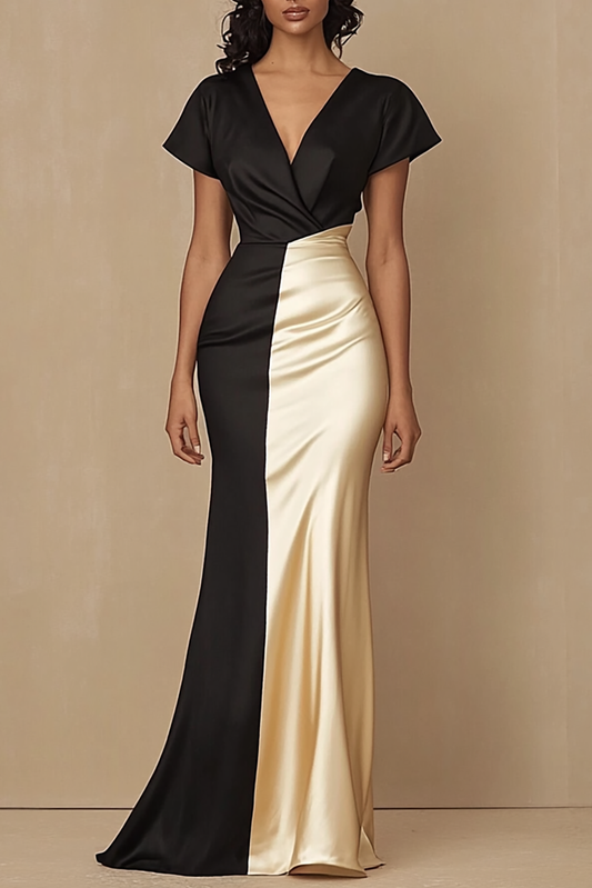 Formal Evening Dress Black Champagne Cross Neck Satin Floor Length Dress