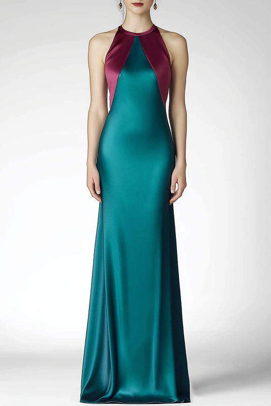 Formal Evening Halter Neck Dress Green Satin Floor Dress