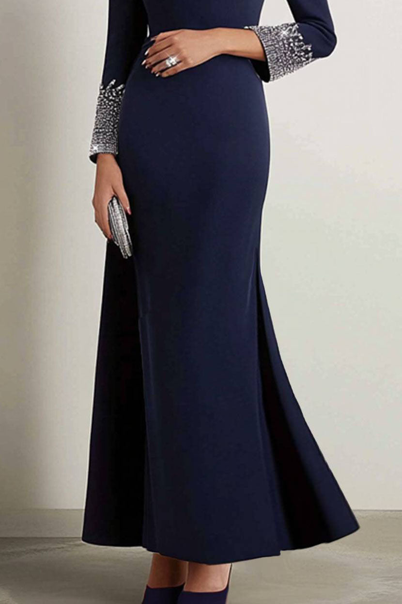 Elegant Mermaid Dress Navy Boat Neck Rhinestone Maxi Dress Mother of the Bride Dress