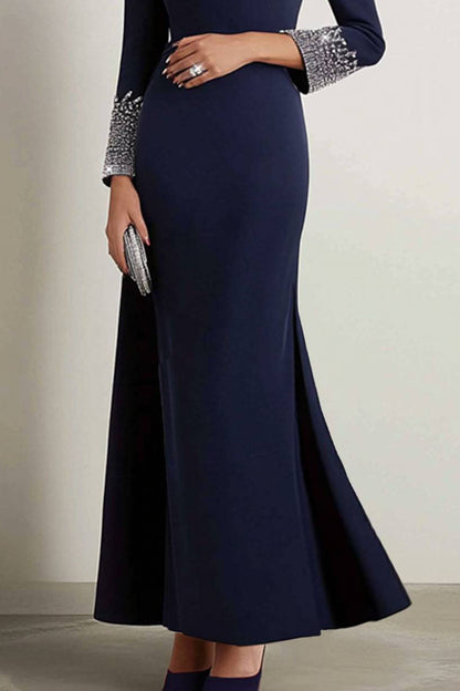 Elegant Mermaid Dress Navy Boat Neck Rhinestone Maxi Dress Mother of the Bride Dress