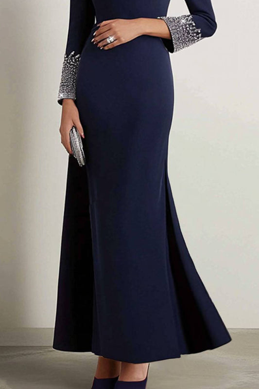 Elegant Mermaid Dress Navy Boat Neck Rhinestone Maxi Dress Mother of the Bride Dress