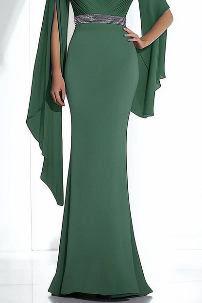 Elegant Green Dress Deep V-Neck Draped Cape Sleeve Long Dress Mother of the Bride Dress