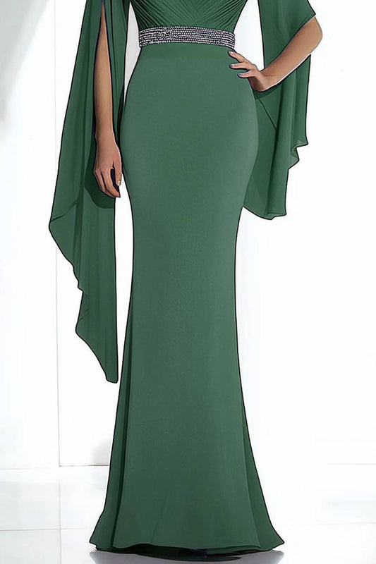 Elegant Green Dress Deep V-Neck Draped Cape Sleeve Long Dress Mother of the Bride Dress