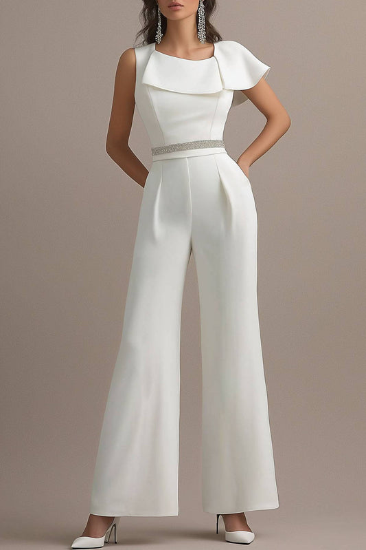 Evening Party Jumpsuit White One Shoulder Wide Leg Pants