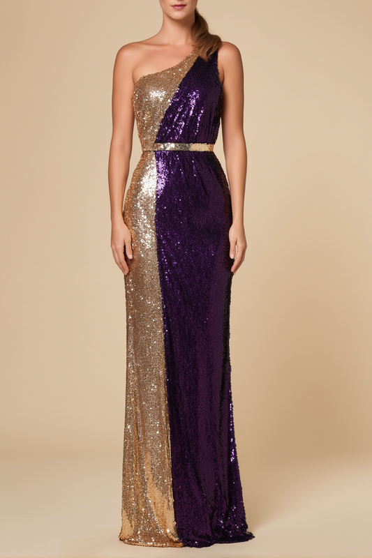 Evening Formal Sequin Dress Gold Purple One Shoulder Floor-Length Gown