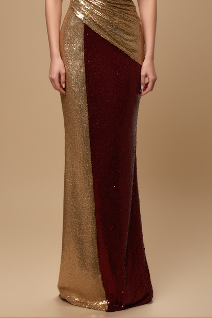 Evening Formal Dress Gold Red Sequin One Shoulder Floor-Length Dress