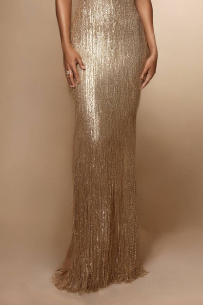 Evening Dress Gold Spaghetti Strap Sequin Bodycon Floor-Length Dress