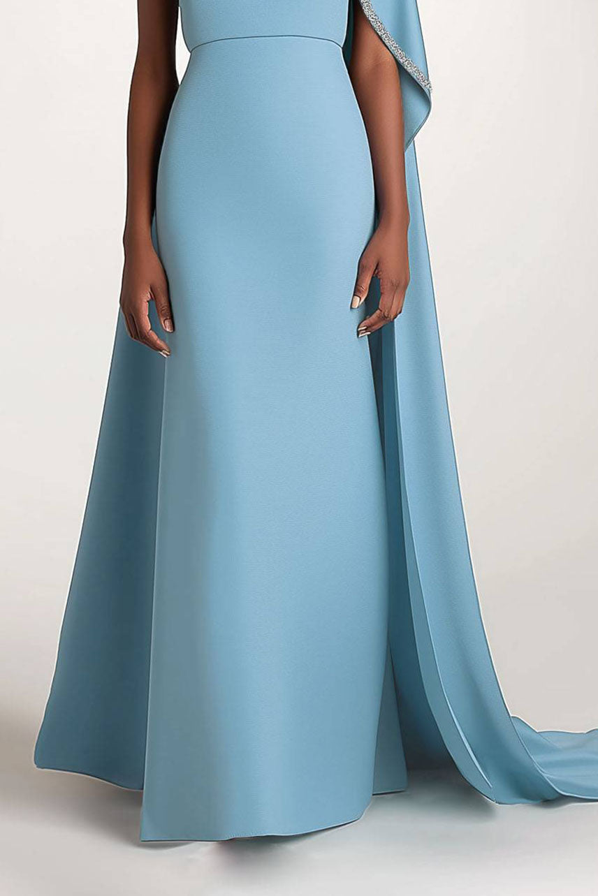 Elegant Evening One-Shoulder Dress Rhinestone Decorated Cape Asymmetrical Dress Mother of the Bride Dress