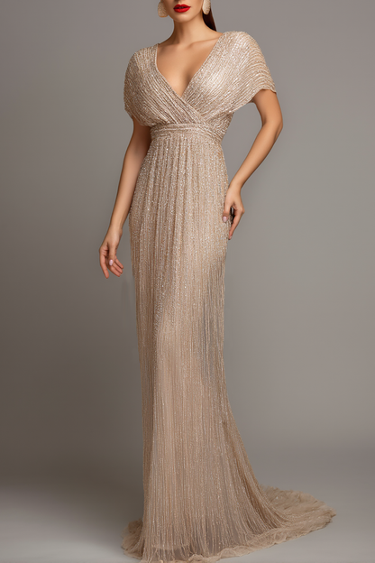 Evening Formal Gown Champagne Sequin Cross Neck Floor-Length Dress