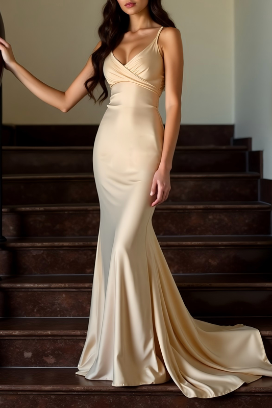 Evening Formal Gown Apricot Spaghetti Strap Cross Neck Satin Train Dress