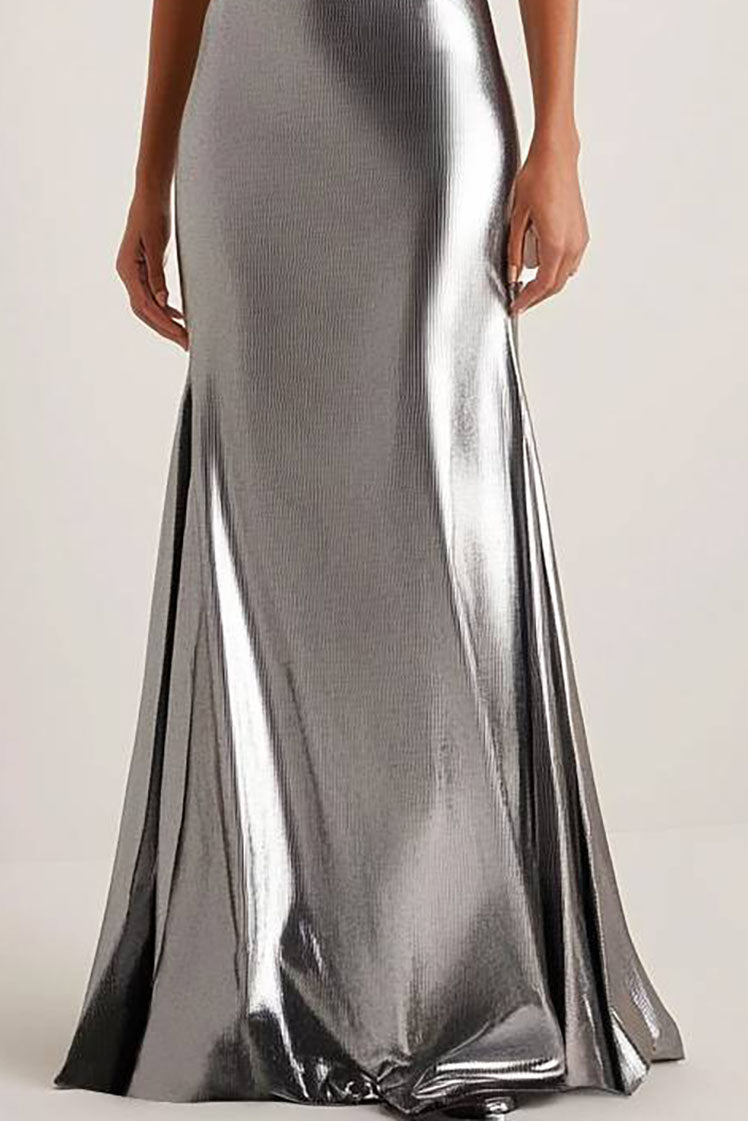 Evening Party Dress Silver Spaghetti Strap Metallic Floor-Length Gown