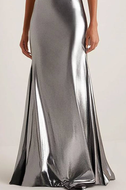 Evening Party Dress Silver Spaghetti Strap Metallic Floor-Length Gown
