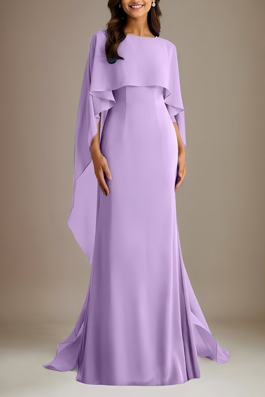 Formal Evening Dress Purple Round Neck Cape Chiffon Floor-Length Gown