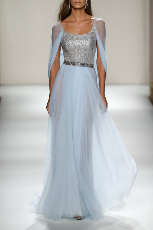 Evening Formal Dress Light Blue Mesh Sequin Floor-Length Gown