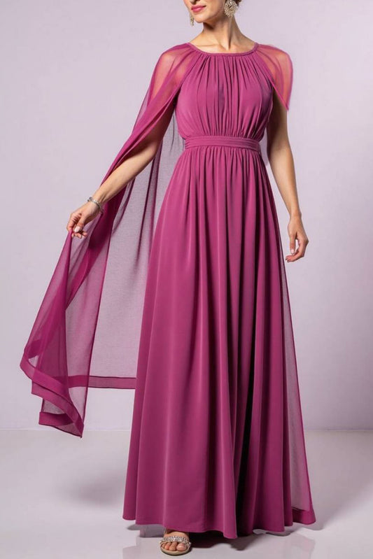 Formal Evening Party Dress Fuchsia Crew Neck Chiffon Swing Maxi Dress
