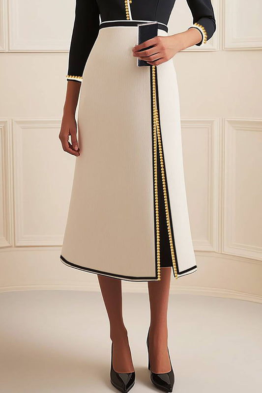 Daily V-neck Dress Pearl Black and White Color-Block Midi Dress