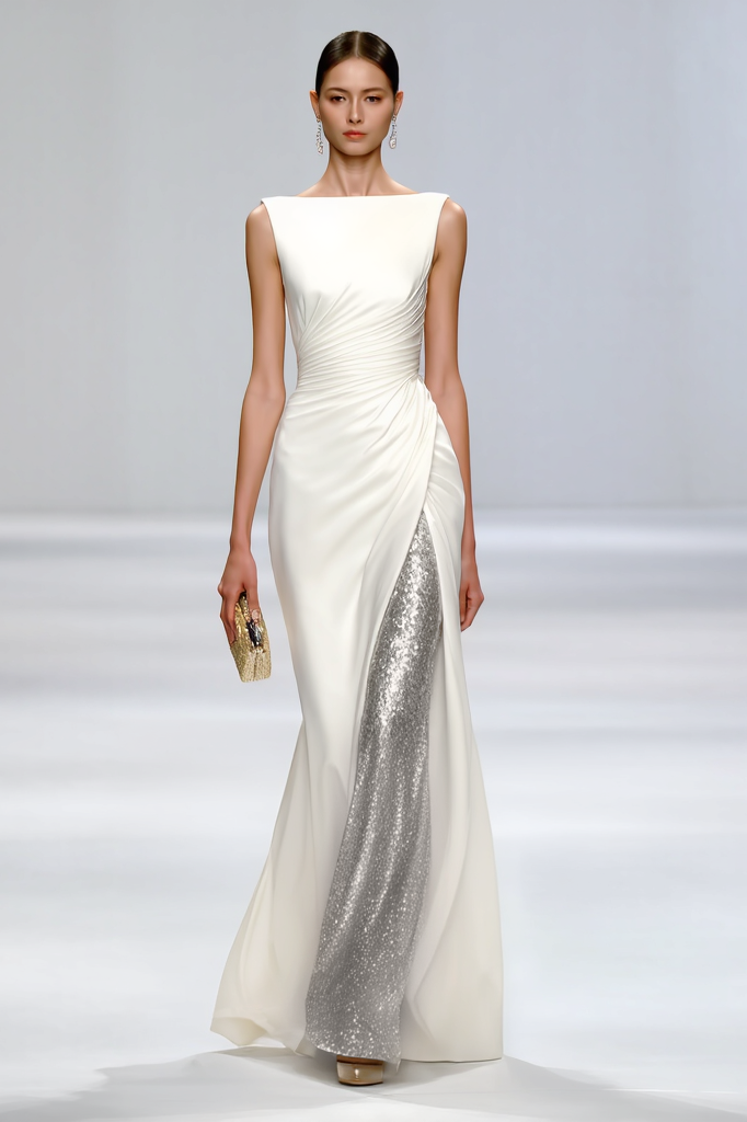 Formal Sequin Dress White Crew Neck Floor-Length Dress