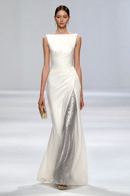 Formal Sequin Dress White Crew Neck Floor-Length Dress