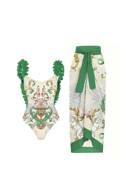 3D Flower Green Backless One-Piece Swimsuit and Cover-Up