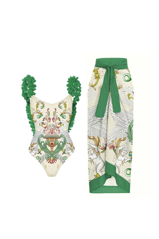 3D Flower Green Backless One-Piece Swimsuit and Cover-Up