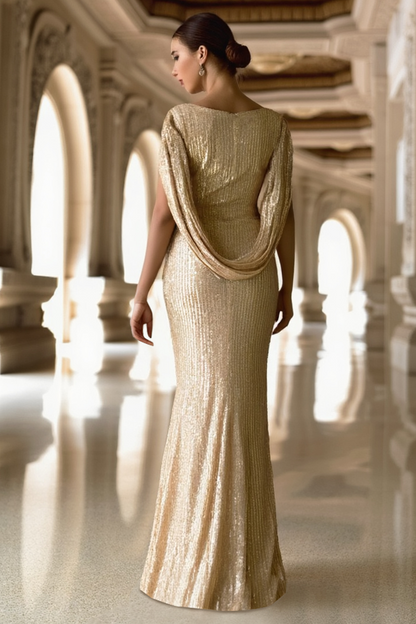Formal Sequin Dress Golden V Neck Floor-Length Dress