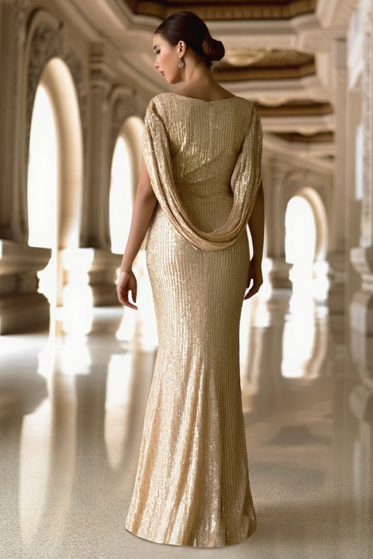 Formal Sequin Dress Golden V Neck Floor-Length Dress
