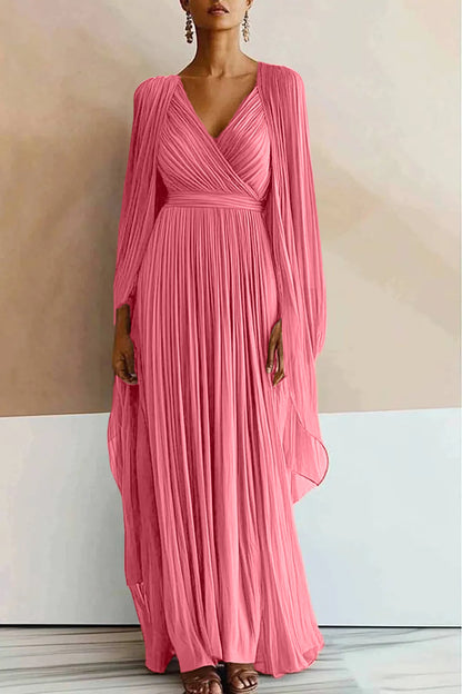 Evening Party Dress Pleated V-Neck Cape Maxi Dress