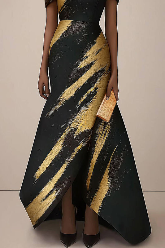 Formal Dress Black and Gold Print Off-Shoulder Midi Dress