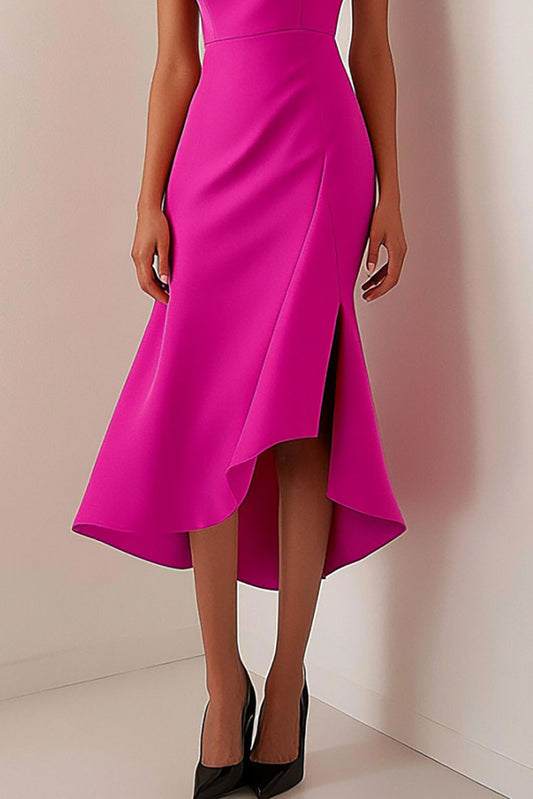 Daily Party Dress Rose Red Crew Neck Slit Sleeveless Midi Dress