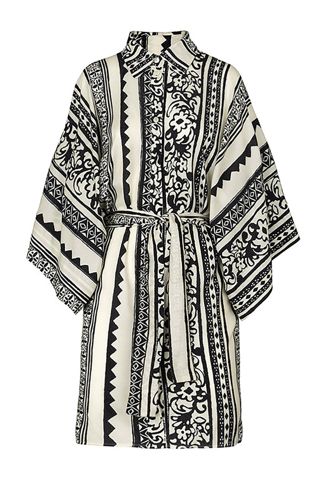 Ethnic Style Black White One-Piece Swimsuit Long Sleeve Cover-Up